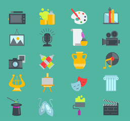 Artistic creator graphic designer icons vector set flat design illustration. Camera, picture, brush palette entertainment symbols. Artist ink graphic color creativity design movie collection.