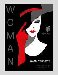 Abstract woman with big hat and red gloves. Fashion magazine cover design