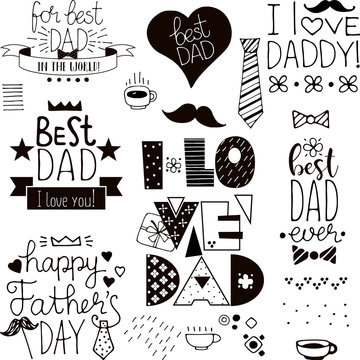 hand drawn happy fathers day black and white doodles