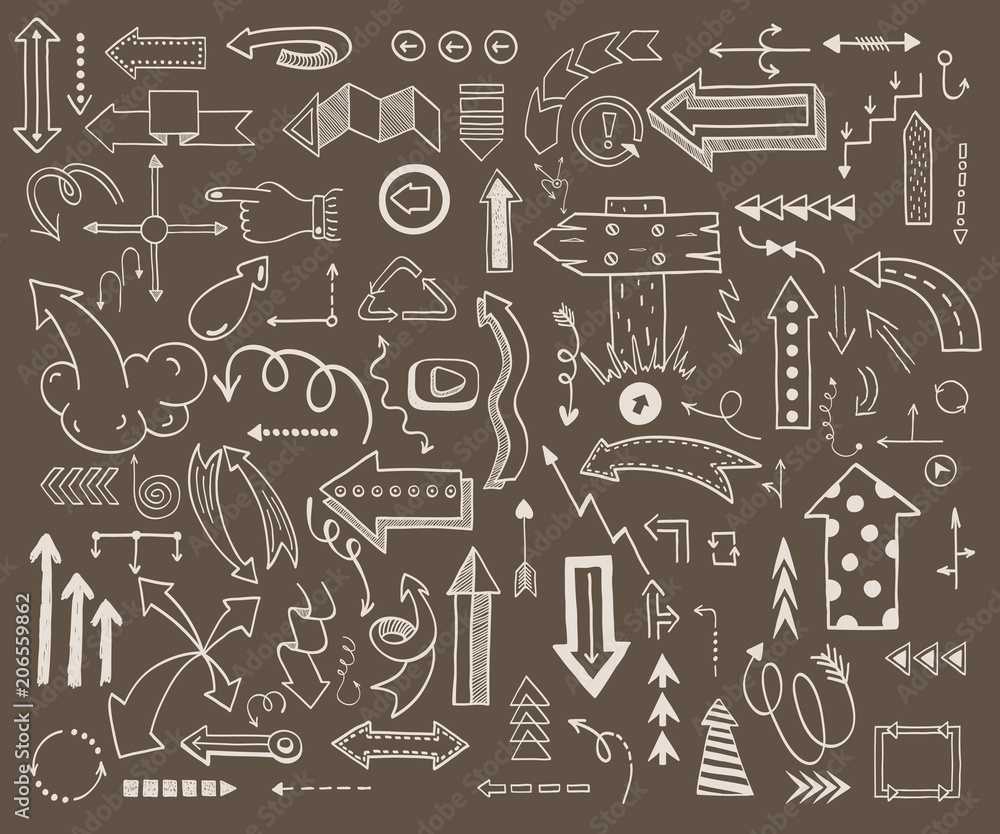 Poster vector illustration of arrow icons hand drawn sketch doodle hand drawn style. orientation navigation