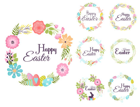 Happy easter hand drawn badge hand lettering greeting decoration natural wreath spring flower vector illustration