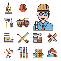 Construction vector linear icons universal building elements and worker equipment flat industry tools illustration.