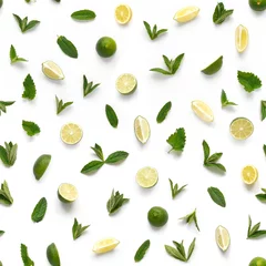 Washable wall murals Lemons Food texture. Seamless pattern of fresh fruits isolated on white background, top view, flat lay. slices lemons, lime and mint.