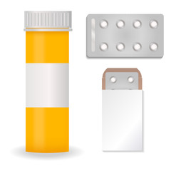 Bottle pack template mockup blank pharmaceutical blister of pills and capsules tube container for drugs clean plastic packaging for medication vector illustration.
