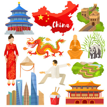 China vector chinese culture in Asia and Great Wall of China illustration set of asian symbols panda dragon traditional dress and flag on white background