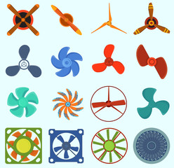 Fans and propellers vector technology icons isolated object. Propeller fan icons cool ventilation ship symbol retro cooler boat equipment. Ventilator symbol wind equipment propeller fan icons © creativeteam