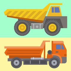 Construction delivery truck vector transportation vehicle construct and road trucking machine equipment large platform industrial truck illustration.