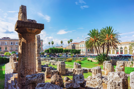 Ruins of Temple of Apollo at Piazza Pancali in Siracusa