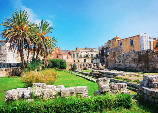 Ruins of Temple of Apollo on Piazza Pancali in Siracusa