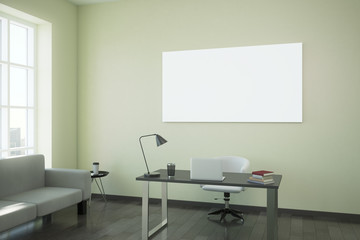 Modern office interior with banner