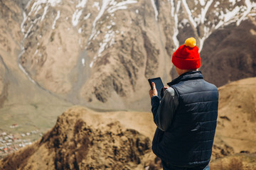 girl smartphone mountain beautiful landscape range snow