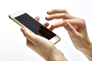 woman hand hold and touch screen smartphone