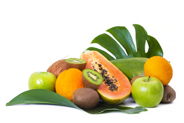 isolated tropical fruits, papaya, kiwi, apple and orange