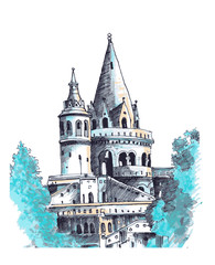Obraz premium Medieval Castle Watercolor Vector Illustration. 