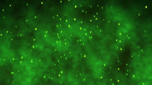 Green magic fire sparks flying glowing bonfire embers on a black background. Available in FullHD video render footage motion graphic