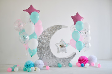 A lot of balloons red blue and white colors. Decorations for holiday party. Birthday decorations ideas. 