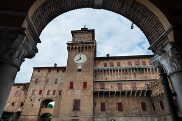 Fototapeta na wymiar FERRARA, ITALY - Castello (Castle) Estense, a four towered fortress from the 14th century, Ferrara, Emilia-Romagna, Italy