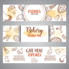 Bakery horizontal banners with pastries. Sweet pastry, cupcakes, dessert posters with chocolate cake, sweets. Ice Cream Hand drawn sketch. Vector