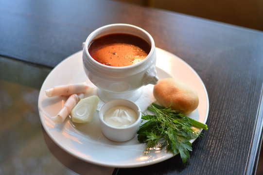 Traditional Russian Soup Borsh. Beautiful soup. Red soup. 