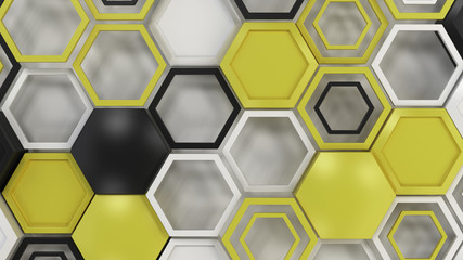 Abstract 3d background made of black, white and yellow hexagons on white background