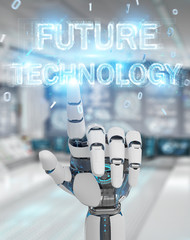 White robot hand using future technology text hologram 3D rendering
