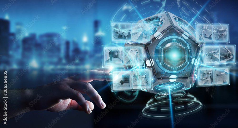 Poster businessman using futuristic drone security camera 3d rendering