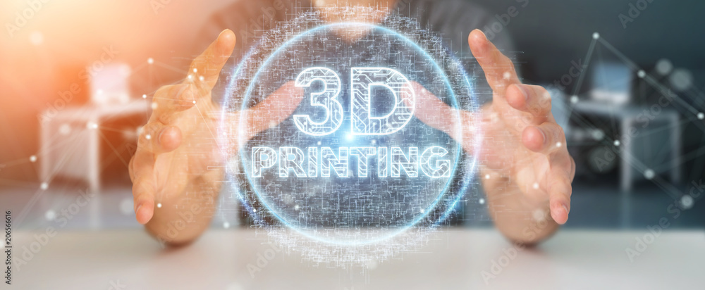 Poster businessman using 3d printing digital hologram 3d rendering