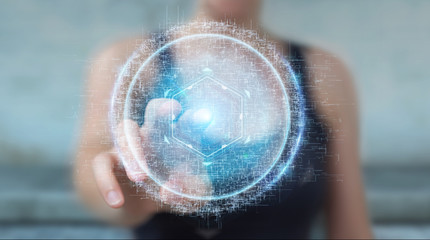 Businesswoman using digital sphere connection hologram 3D rendering