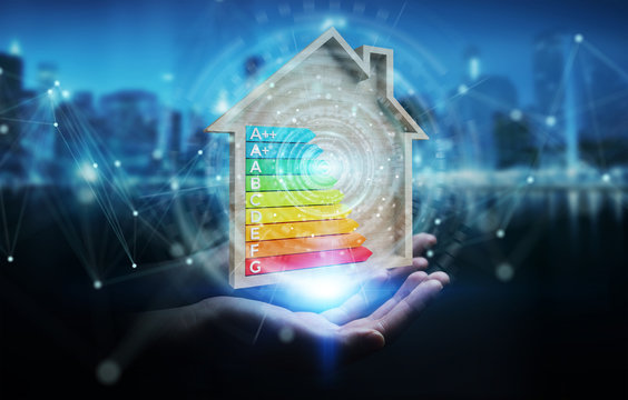 Businesswoman using 3D rendering energy rating chart in a wooden house