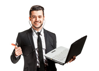 Doctor with stethoscope fixing laptop