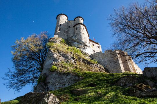 Ruins of a Gothic castle and hotel in Bobolice, Poland. Castle in the village of Bobolice, Jura Krakowsko-Czestochowska. The Trail of the Eagle's Nests. Built during the reign of  Kazimierz Wielki.
