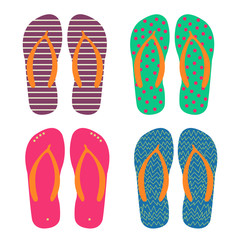 Set of multi colored flip flops with different patterns. Beach sandals. Pink, green, blue and purple. Vector illustration.