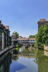 Fototapeta na wymiar Pegnitz river with Henkersteg and Henkerhaus, Nuremberg, Middle Franconia, Franconia, Bavaria, Germany, Europe