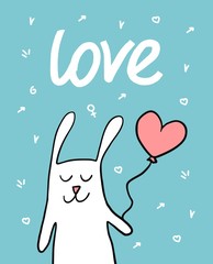 Cute vector white bunny with pink heart balloon. Happy Valentine`s Day flat illustration poster