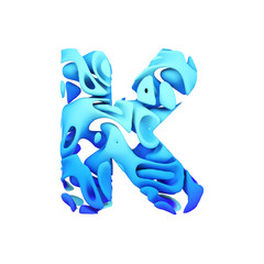 Alphabet letter K uppercase. Blue font made of ink splash in water. 3D render isolated on white background.
