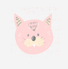 Obraz na płótnie Canvas Hand drawn vector illustration of a cute funny cat face, with lettering quote Meow. Isolated objects. Scandinavian style flat design. Concept for children print.