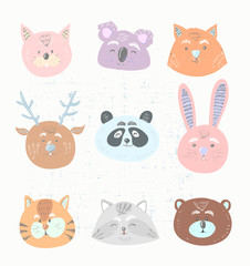 Obraz premium Funny animals face illustration collection vector set in scandinavian childish style. Cute illustration for card, print on clothes, nursery