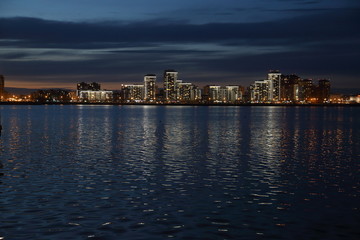 Fototapeta premium Night city panorama. Russia. Kazan. Skyscrapers, houses, skyscrapers, romance