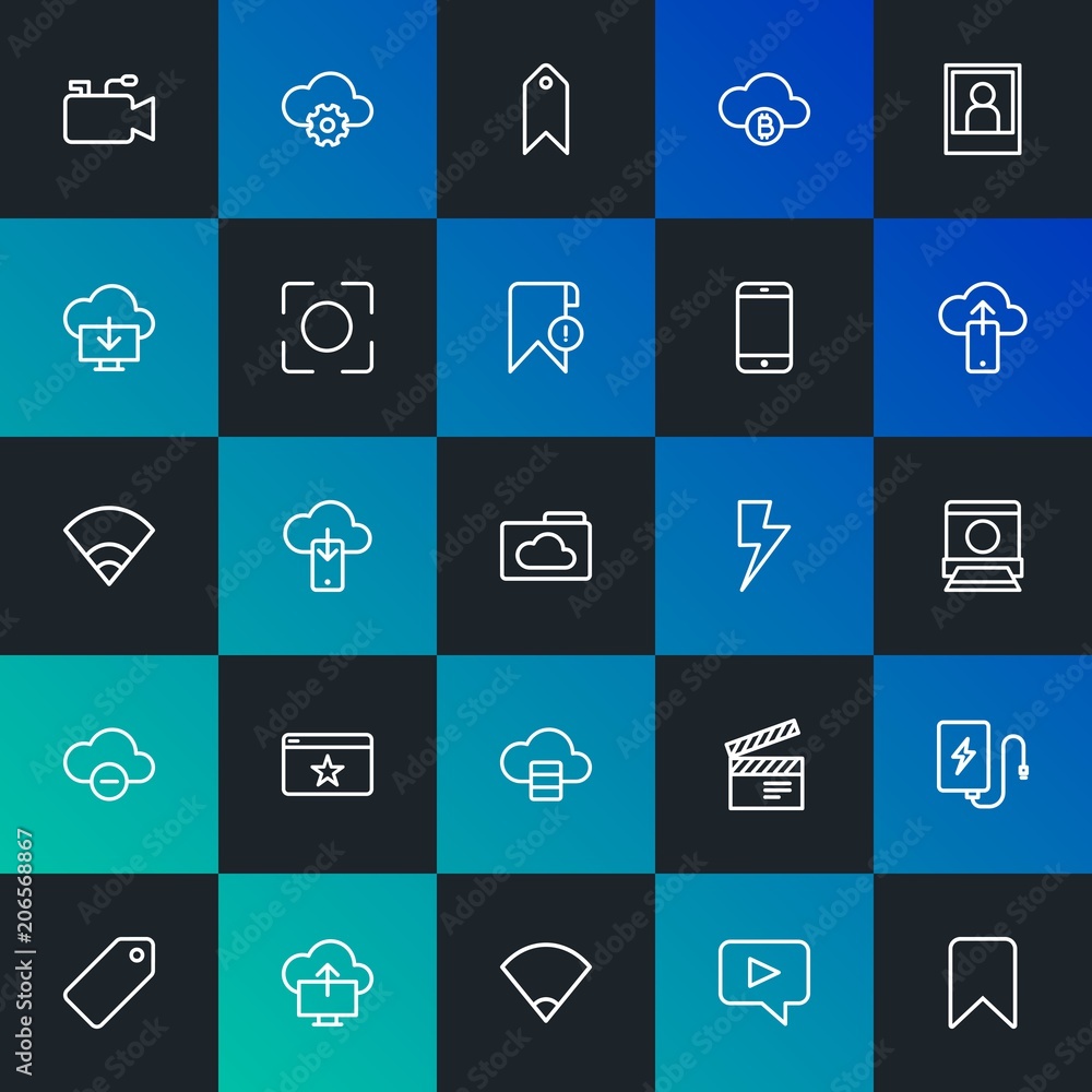 Poster modern simple set of cloud and networking, mobile, video, photos, bookmarks vector outline icons. co