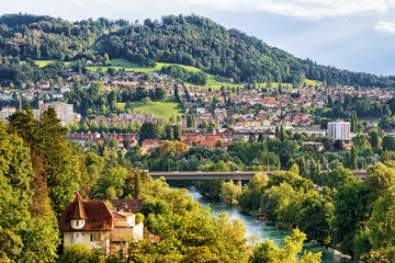 Fototapeta na wymiar Panorama of the city and Aare River in Bern