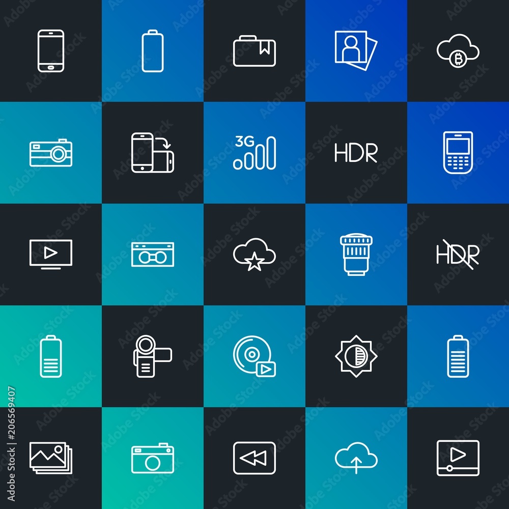 Poster modern simple set of cloud and networking, mobile, video, photos, bookmarks vector outline icons. co