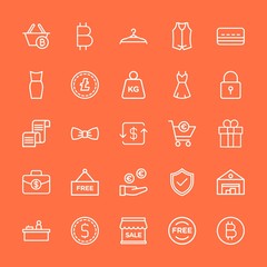Modern Simple Set of clothes, money, shopping Vector outline Icons. Contains such Icons as  storehouse,  paying, money,  money,  jacket and more on orange background. Fully Editable. Pixel Perfect.