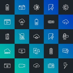 Modern Simple Set of cloud and networking, mobile, video, photos, bookmarks Vector outline Icons. Contains such Icons as  and more on dark and gradient background. Fully Editable. Pixel Perfect.