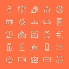 Modern Simple Set of clothes, money, shopping Vector outline Icons. Contains such Icons as  pay,  clothes,  business,  dress,  payment and more on orange background. Fully Editable. Pixel Perfect.