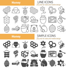 Beekeeping simple and line icons set - obrazy, fototapety, plakaty
