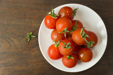 close up fresh tomato on wood table  background.