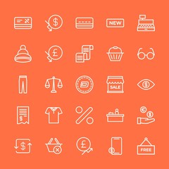 Modern Simple Set of clothes, money, shopping Vector outline Icons. Contains such Icons as  usd,  law, dollar,  business, money,  card and more on orange background. Fully Editable. Pixel Perfect.