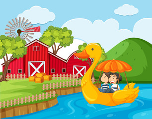 Obraz na płótnie Canvas A Couple Riding Duck Pedal Boat