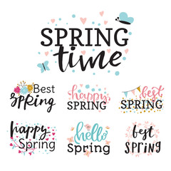 Fototapeta na wymiar Hello spring time vector lettering text greeting card special springtime typography hand drawn Spring graphic illustration badge
