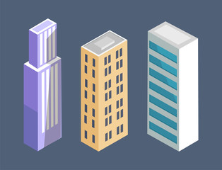 Set of Modern Isometric Buildings Skyscrapers Vector